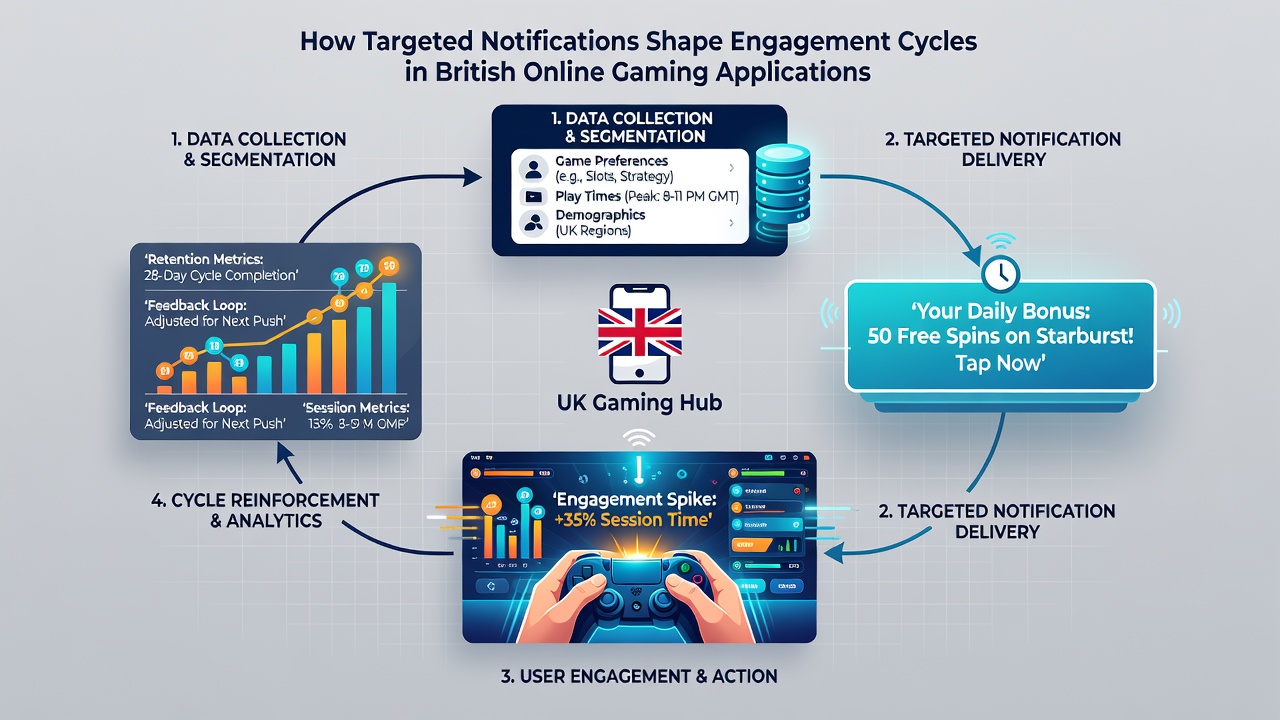Analytics dashboard showing engagement cycle graphs and notification performance data for UK gaming applications