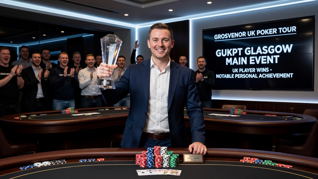 Poker tournament winner receiving trophy at Grosvenor Casino Merchant City